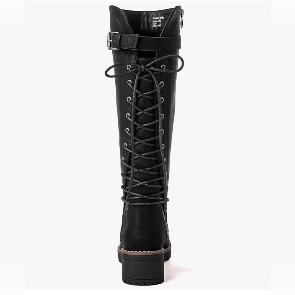 NWOT Global Win Black Lace-Up Knee High Boots - Picture 4 of 13